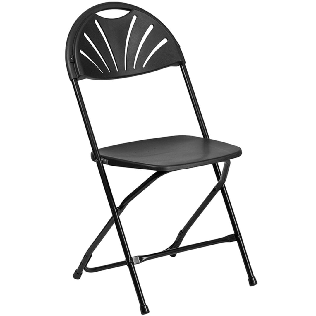 A black folding chair with a fan back.